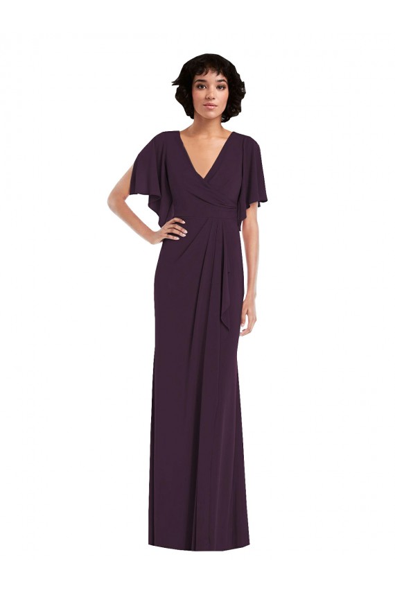 Faux Wrap Split Sleeves Maxi Spandex Formal Dress with Cascade Skirt