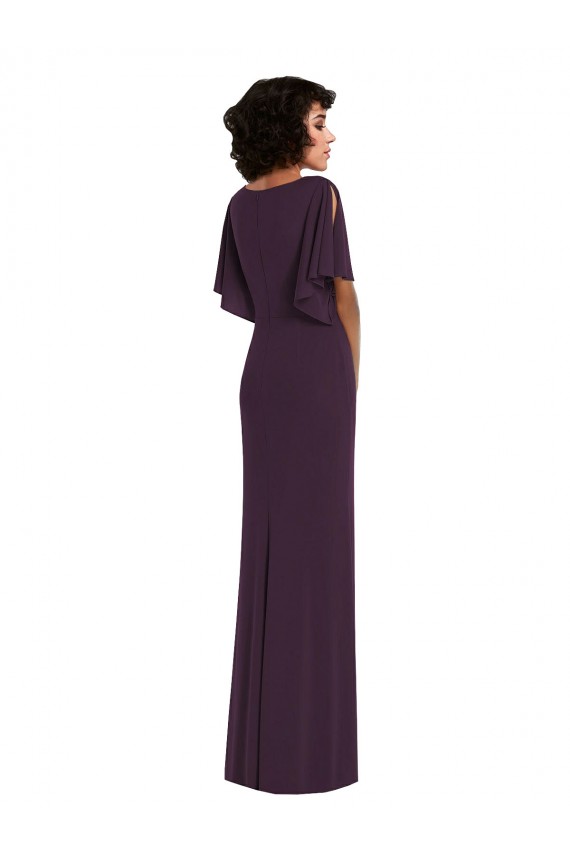 Faux Wrap Split Sleeves Maxi Spandex Formal Dress with Cascade Skirt