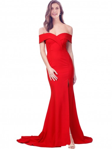 Off the Shoulder Full Length Long Crepe Formal Dress with Side Split