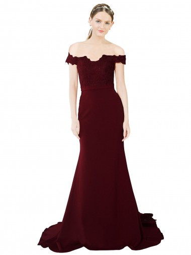 Full Length Off the Shoulder Crepe Formal Dress with Lace On Bodice and Back