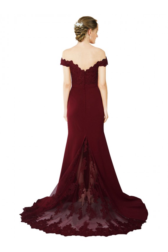 Full Length Off the Shoulder Crepe Formal Dress with Lace On Bodice and Back