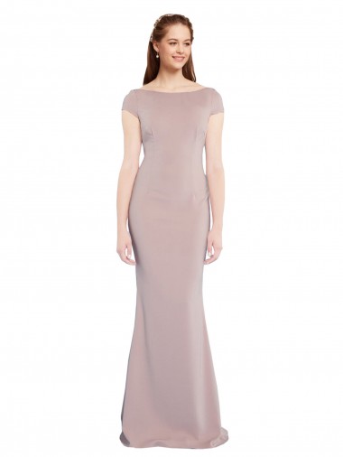 Boat Neck Cap Sleeve Crepe Formal Dress with Plunging Tie Back