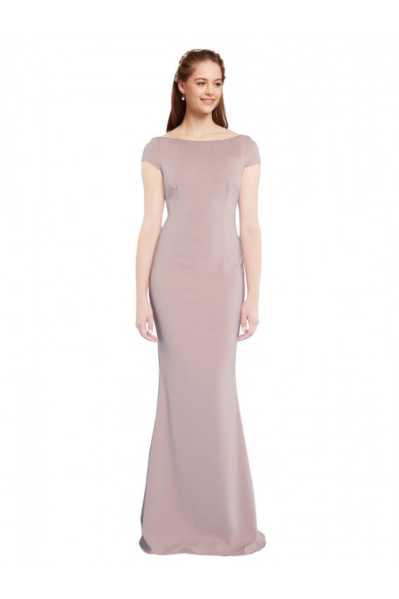Boat Neck Cap Sleeve Crepe Formal Dress with Plunging Tie Back