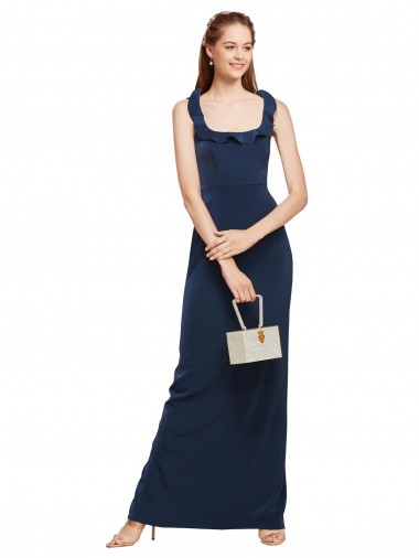 Scoop Neck with Ruffles Long Crepe Formal Dress with Back Slit