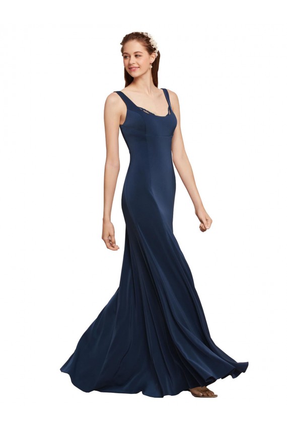 Fit and Flare Long Crepe Formal Dress with Round Neck