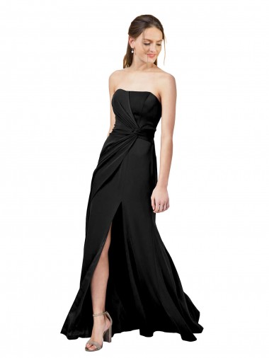 Strapless Fit and Flare Long Crepe Formal Dress with Knot and Slit