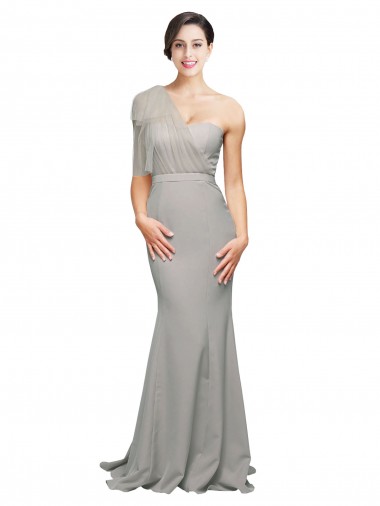 Long Sweep Train Sweetheart Crepe Formal Dress with Tulle One Shoulder