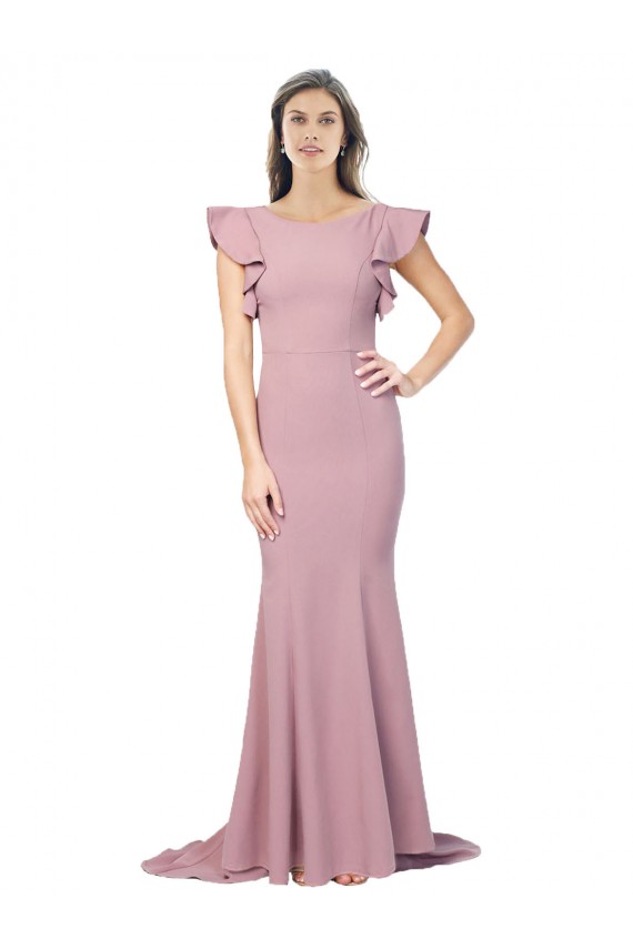 Flutter Sleeves Low V-Back High Round Neck Crepe Formal Dress