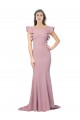 Flutter Sleeves Low V-Back High Round Neck Crepe Formal Dress