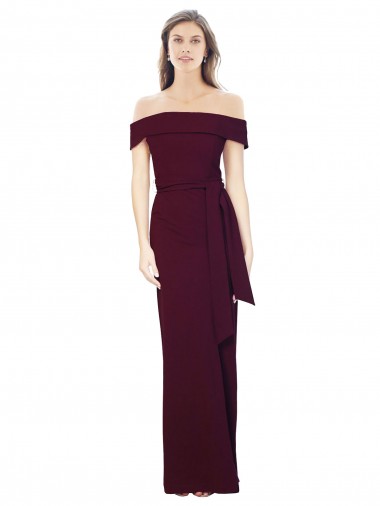Off the Shoulder Long Crepe Formal Dress with Waist Tie