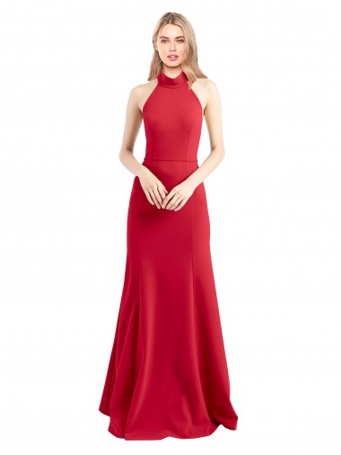 Sleek Fit and Flare High Neck Halter Stretch Crepe Formal Dress with Open Back