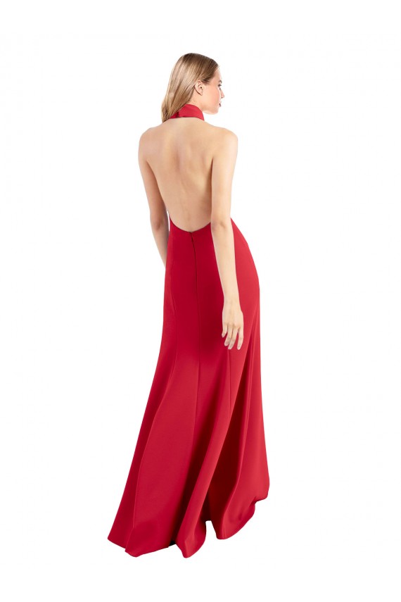 Sleek Fit and Flare High Neck Halter Stretch Crepe Formal Dress with Open Back