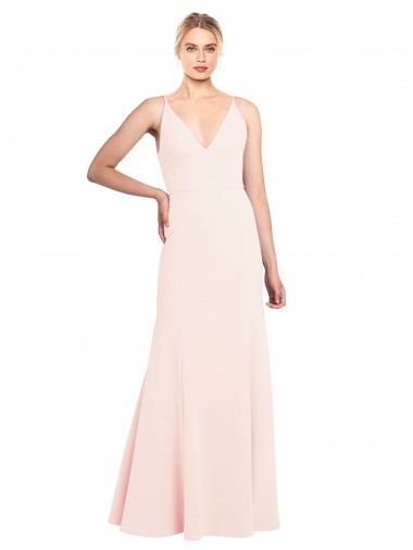 Slim A-Line V-Neck Long Stretch Crepe Formal Dress with V-Back