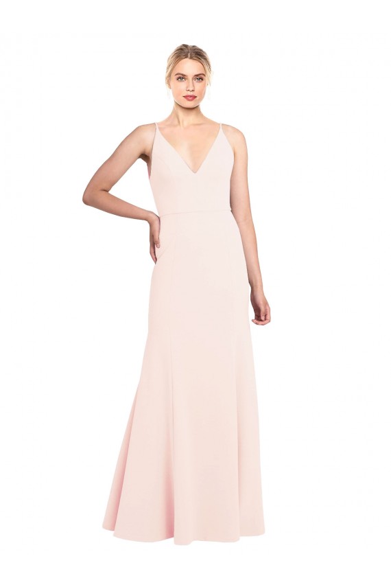 Slim A-Line V-Neck Long Stretch Crepe Formal Dress with V-Back