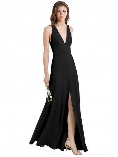 Sleek Halter V-Neck Long A-Line Stretch Crepe Formal Dress with Front Slit