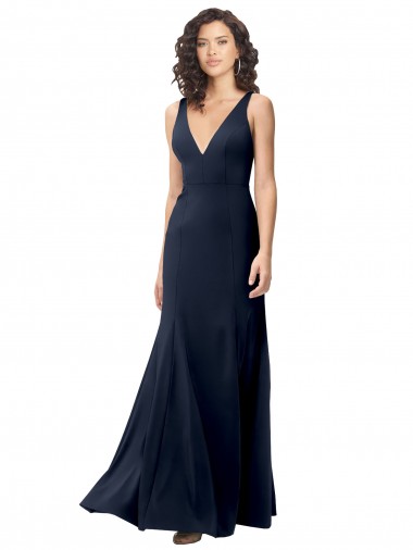 Classic V-Neck Long Stretch Crepe Formal Dress with V-Back