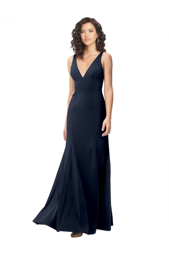 Classic V-Neck Long Stretch Crepe Formal Dress with V-Back