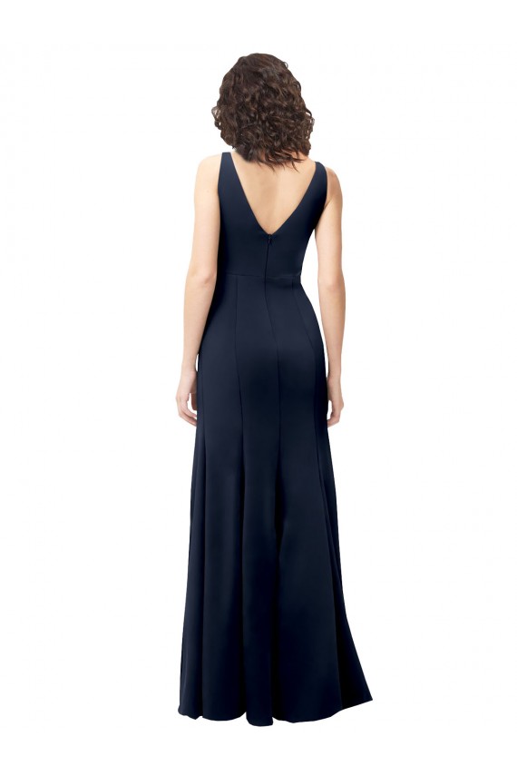 Classic V-Neck Long Stretch Crepe Formal Dress with V-Back