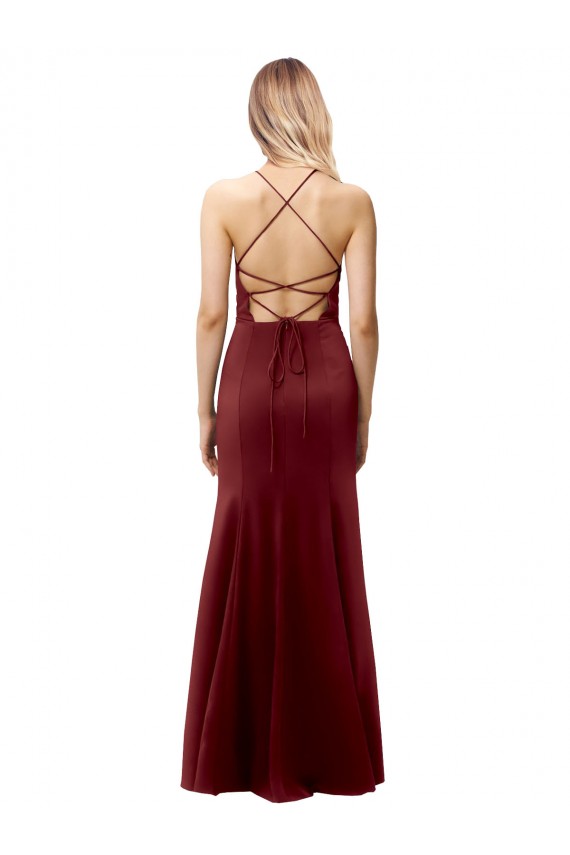Fit and Flare Halter Neckline Stretch Crepe Formal Dress with Strappy Back