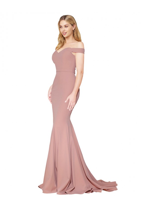 Off the Shoulder Sweetheart Long Sweep Train Crepe Formal Dress