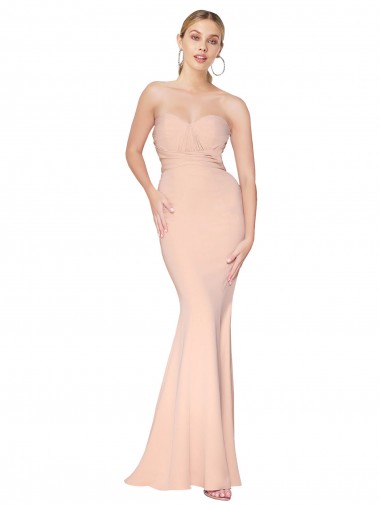 Sweetheart Shirred Neck Long Floor Length Crepe Formal Dress