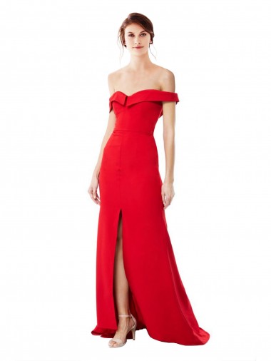 Off the Shoulder Chapel Train Crepe Formal Dress with Thigh-High slit