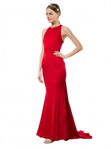 High Neck Mermaid Open Back Crepe Maxi Formal Dress with Train Detail