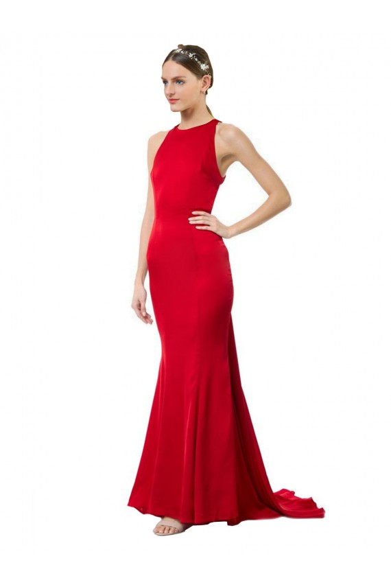High Neck Mermaid Open Back Crepe Maxi Formal Dress with Train Detail