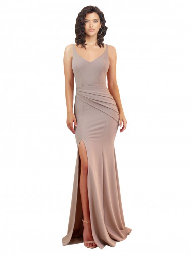 Fishtail Shape V-Neck Crepe Formal Dress with Slit