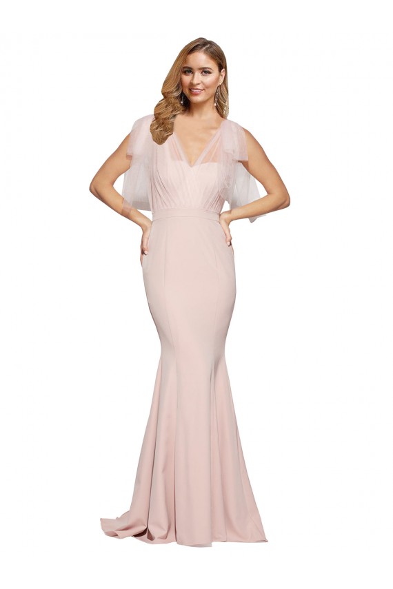 Double Bow Full Length Sweetheart Crepe Formal Dress with Tulle Overlay
