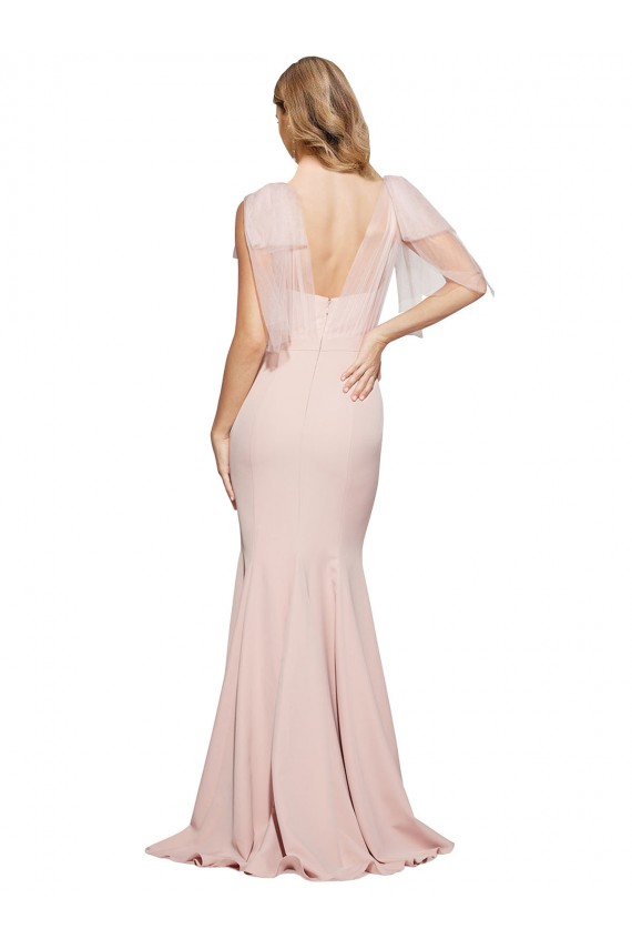 Double Bow Full Length Sweetheart Crepe Formal Dress with Tulle Overlay