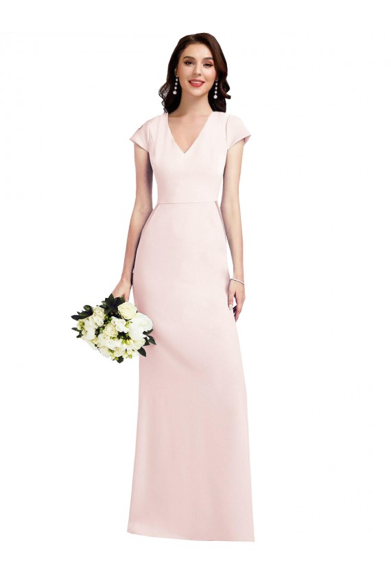 Cap Sleeve A-Line Crepe Formal Dress with Pockets