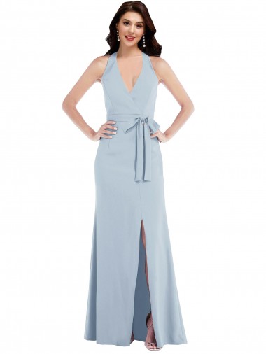 Open Back Halter Maxi Crepe Formal Dress with Draped Bow