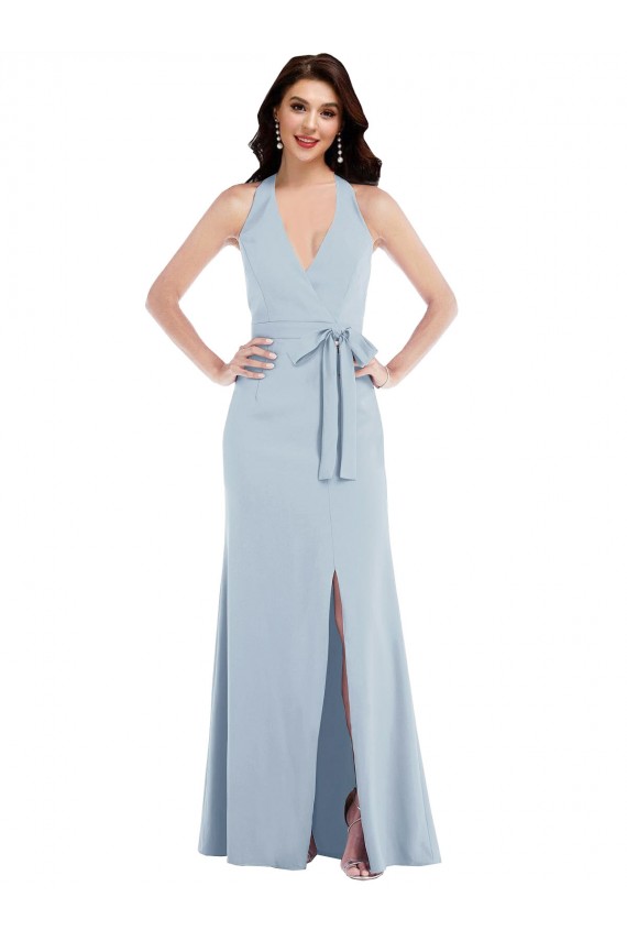 Open Back Halter Maxi Crepe Formal Dress with Draped Bow