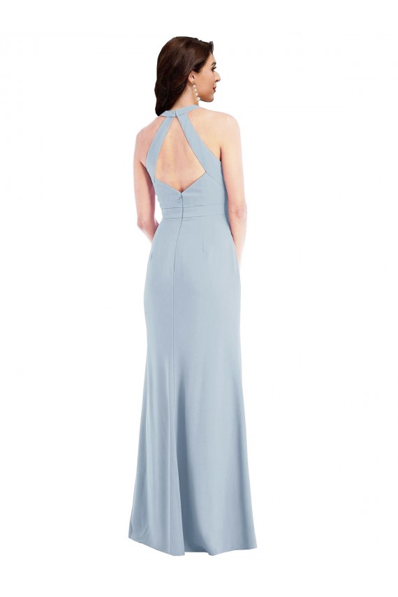 Open Back Halter Maxi Crepe Formal Dress with Draped Bow