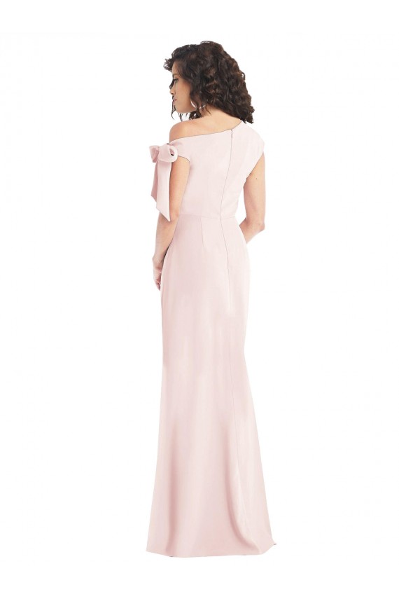 Off the Shoulder Tie Detail Trumpet Crepe Formal Dress with Front Slit