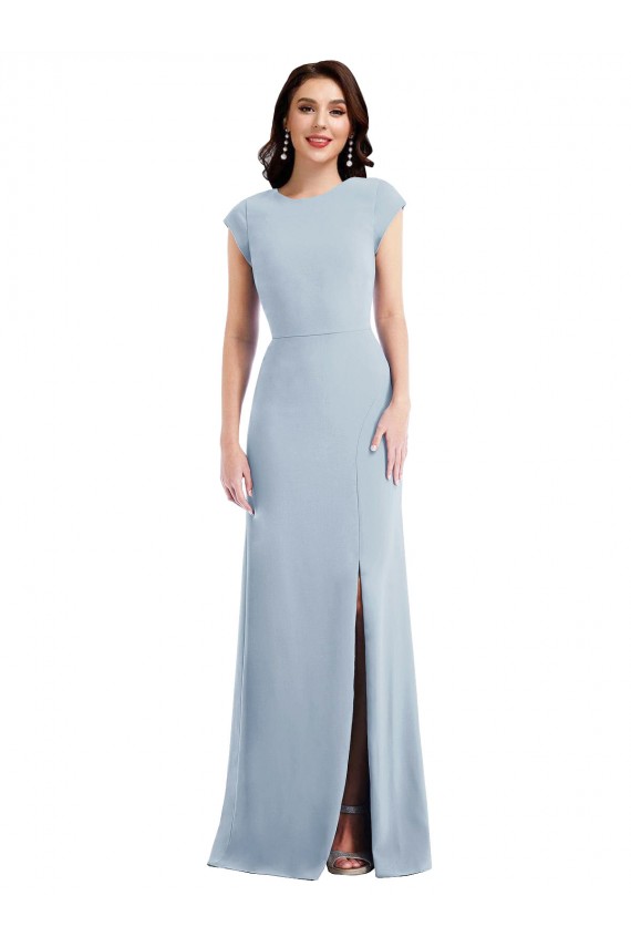 Cap Sleeve Open Back Trumpet Crepe Formal Dress with Front Slit