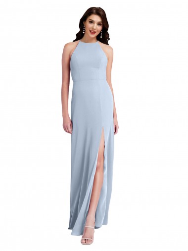 Fit and Flare High Neck Crepe Formal Dress with Side Slit