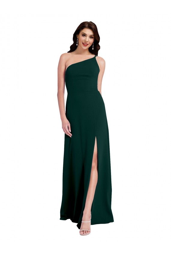 A-Line Slim One Shoulder Crepe Formal Dress with Asymmetrical Straps and Side Slit