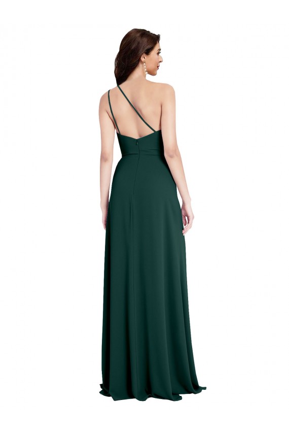 A-Line Slim One Shoulder Crepe Formal Dress with Asymmetrical Straps and Side Slit