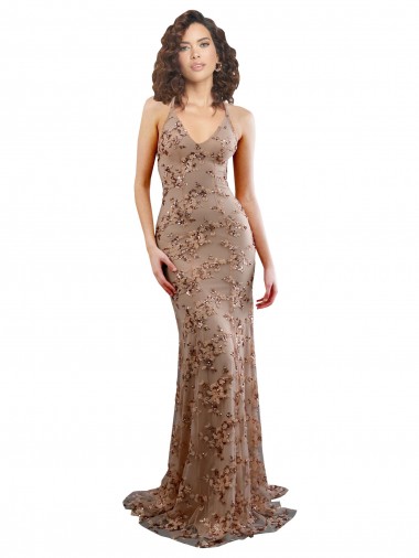 Floral Patterned Backless V-Neckline Sequin Formal Dress