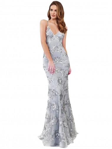 Silver V-Neckline Backless Floral Patterned Sequin Formal Dress