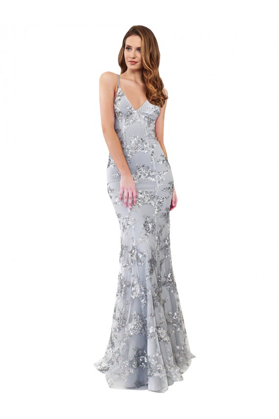 Silver V-Neckline Backless Floral Patterned Sequin Formal Dress