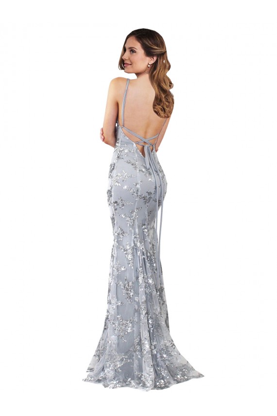 Silver V-Neckline Backless Floral Patterned Sequin Formal Dress
