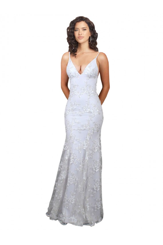 V-Neckline Backless Floral Patterned Sequin Formal Dress