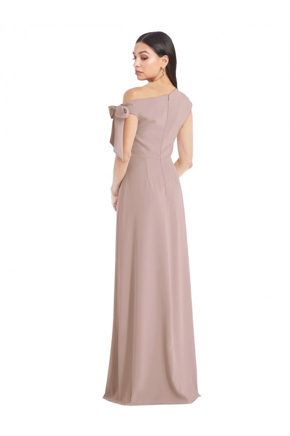 Off the Shoulder Tie Detail Maxi Crepe Formal Dress with Front Slit