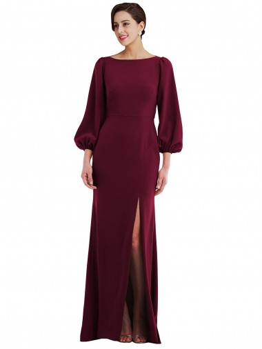 Bishop Sleeve Open Back Trumpet Crepe Formal Dress with Scarf Tie