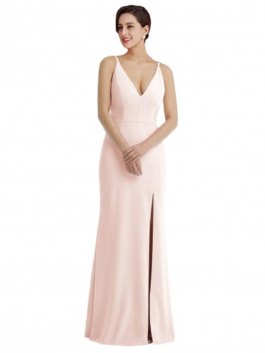 Skinny Strap Deep V-Neck Trumpet Crepe Formal Dress with Front Slit