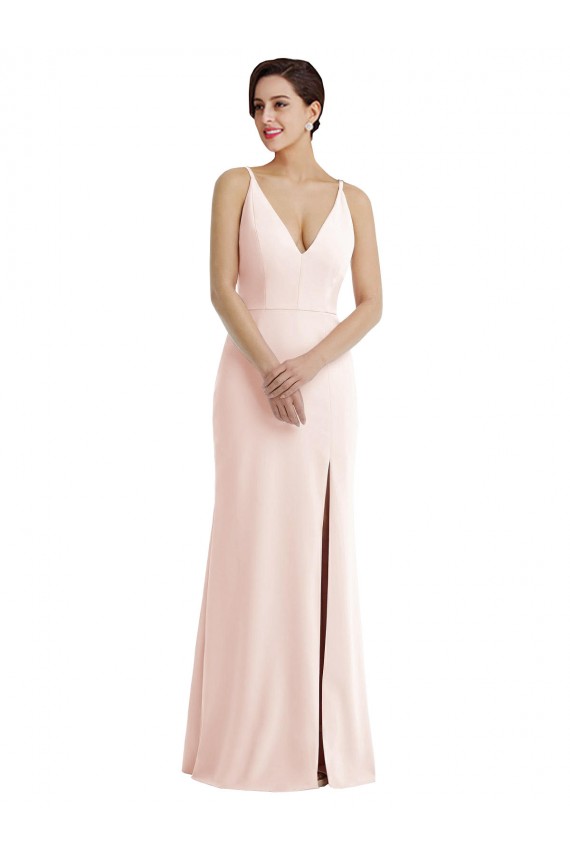 Skinny Strap Deep V-Neck Trumpet Crepe Formal Dress with Front Slit