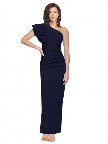 Ruched Floor Length Long Crepe Formal Dress with Shoulder Ruffles
